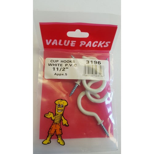 Fast pak value 1 1/2'' ( 40mm ) cup hooks white pvc 5 per pack Fast pak value 1 1/2'' ( 40mm ) cup hooks white pvc 5 per pack